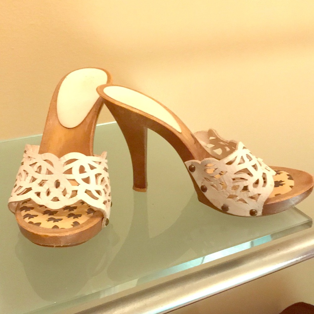 White leather slip on heels